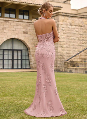 Open Back Halter V-Neck Lace Corset Mermaid Maxi Dress With Beading Slit